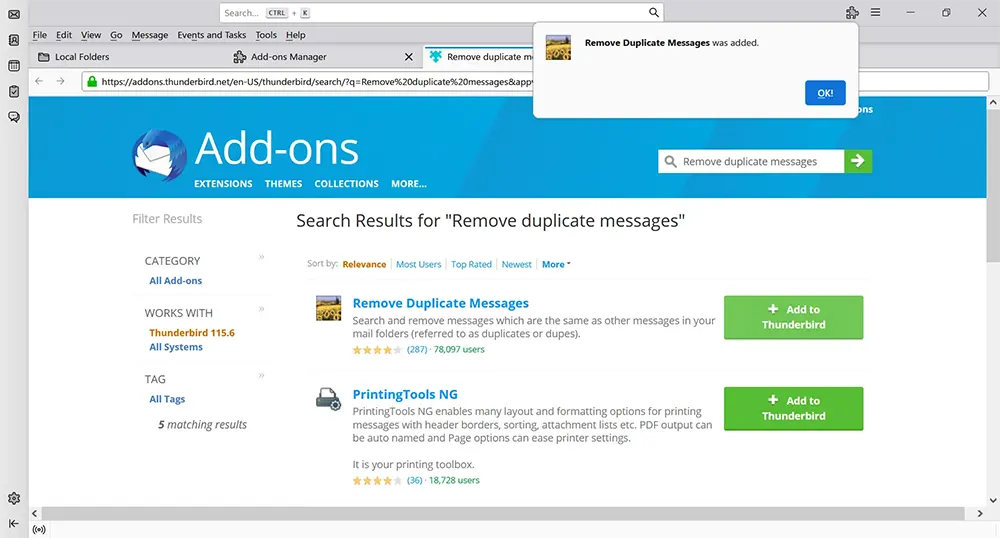 Confirmation of added add-on in Thunderbird.
