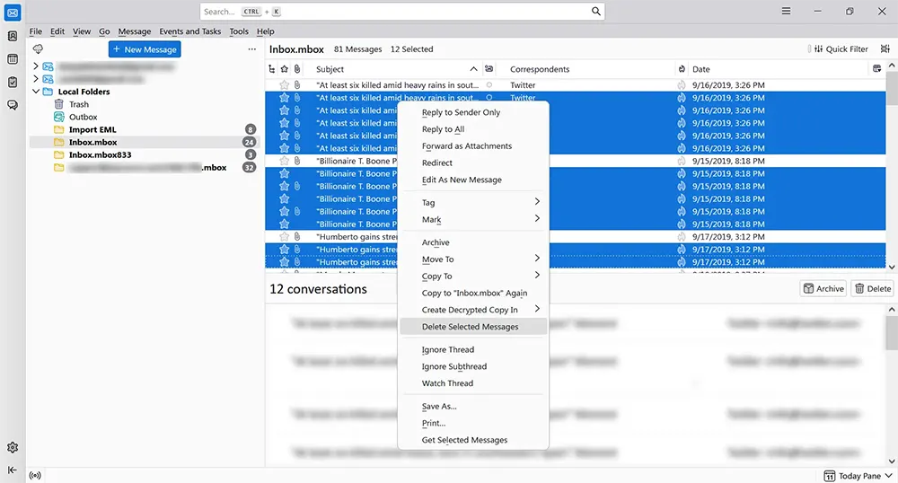 Deleting selected messages in Thunderbird.