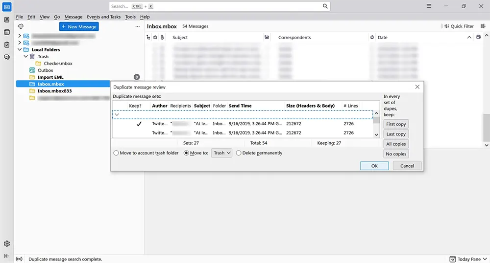Reviewing duplicates for deletion in Thunderbird.