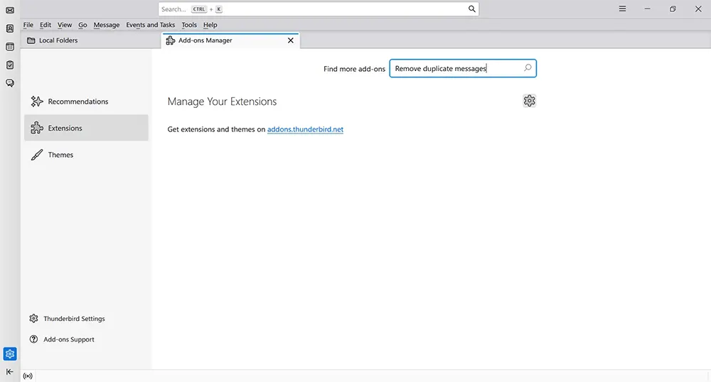 Searching Remove duplicate messages add-on in Thunderbird.